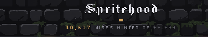 The pixelated image displays "Spritehood" as the title above a counter reading "10,617 WISPS MINTED OF 44,444," set against a graveyard-like backdrop of gray tombstones with vines. The post's confusion about airdrops and minting aligns with the image showing a partially completed mint (about 24% of the total 44,444 supply), explaining why some received airdrops while others had to mint.