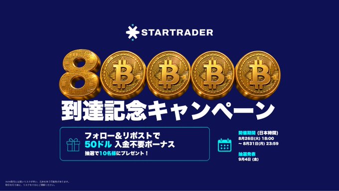 A STARTRADER campaign graphic celebrates Bitcoin’s (BTC) projected $80,000 milestone with large “80,000” and Bitcoin symbols. It promotes an X-exclusive giveaway: follow and repost for a chance to win a $50 bonus, with 10 winners, running Aug. 26–31, 2025 (JST).