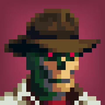 A pixel art character with a brown wide-brimmed hat, green scarf, and red eyes against a magenta background.