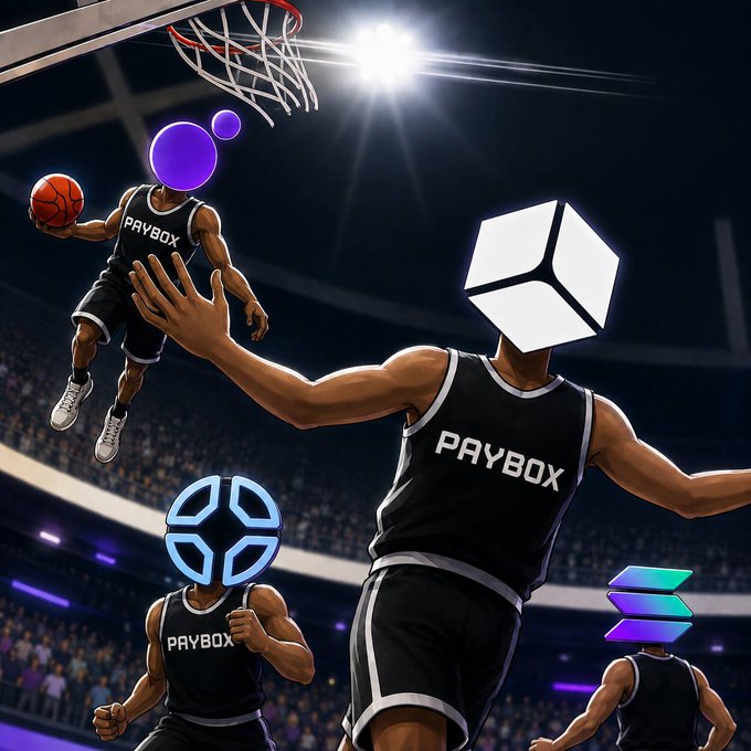 A digital illustration of basketball players wearing "PAYBOX" jerseys on a court, with one player holding a basketball near the hoop and others featuring cryptocurrency/crypto logos (Solana, etc.) as their heads.