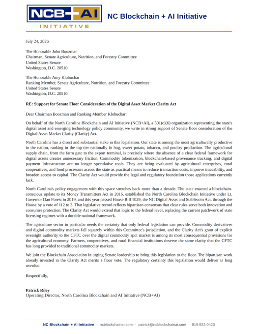 A formal letter from the NC Blockchain + AI Initiative dated July 24, 2026, supporting the Digital Asset Market Clarity Act, addressed to Senators Boozman and Klobuchar.