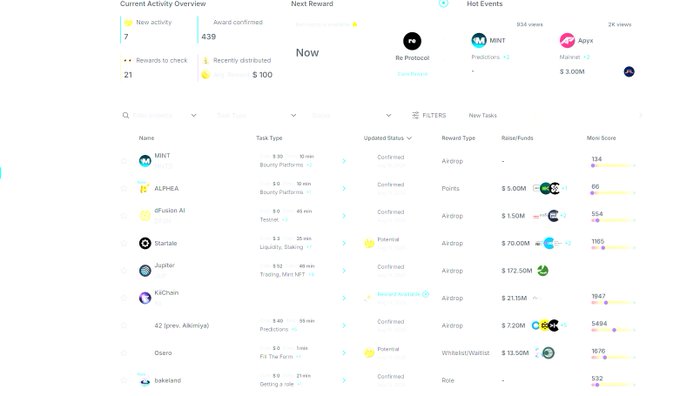 A screenshot of a cryptocurrency airdrop tracking dashboard showing tasks for projects like MINT, ALPHEA, dFusion AI, Jupiter, and KidChan with various reward values.