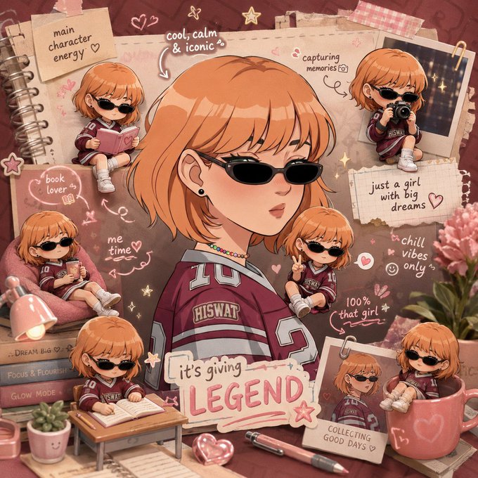 The image is a detailed anime-style illustration of a girl with orange hair and black sunglasses, surrounded by journal-style notes and stickers that read "main character energy," "cool, calm & iconic," "capturing memories," "book lover," "just a girl with big dreams," "chill vibes only," "100% that girl," "it's giving LEGEND," and "collecting good days." It fits the "GM if you're also here to get the bag" post by capturing a confident, boss-energy morning mood, signaling the poster is showing up as the main character ready to hustle and secure the win.