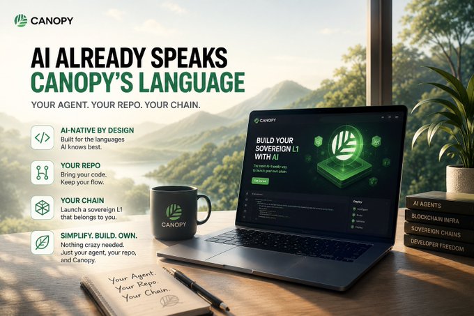 A workspace scene showcases a laptop displaying Canopy's "Build Your Sovereign L1 With AI" interface alongside branded coffee mug and notebook, with promotional text highlighting features like "AI-Native by Design," "Your Repo," "Your Chain," and "Simplify. Build. Own."—visually reinforcing the message that Canopy is an AI-native blockchain development platform designed to integrate artificial intelligence into sovereign L1 development from the ground up.