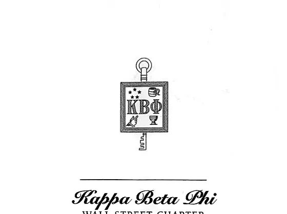 A black and white logo features a decorative key with the Greek letters "ΚΒΦ" and the text "Kappa Beta Phi" below it, along with partially visible words "WALL STREET CHARTER".