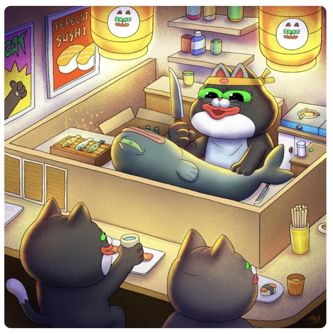 A colorful illustration of anthropomorphic cats in a sushi restaurant called 'PePeCat Sushi', where a chef cat is slicing a large fish while two customer cats watch at the counter.