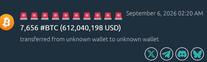 A Bitcoin transfer notification on a dark background showing 7,656 BTC ($612,040,198 USD) moved between unknown wallets on September 6, 2026 at 02:20 AM.
