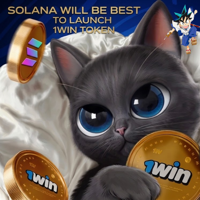 A cute gray kitten with striking blue eyes rests among white pillows alongside gold "1win" branded coins and a Solana coin, with text reading "SOLANA WILL BE BEST TO LAUNCH 1WIN TOKEN" and a small anime character in the corner, visually supporting the post's argument for launching the $1WIN token on the Solana blockchain due to its fast transactions and large user base.