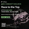 The image is a promotional graphic for a Crypto.com community-exclusive event called "Race to the Top," offering up to 5,000 USDC in trade mining and locker mode rewards with a payout schedule of 7% daily over 70 days, and it relates to the tweet by promoting an upcoming points and rewards campaign tied to the platform's pre-season.