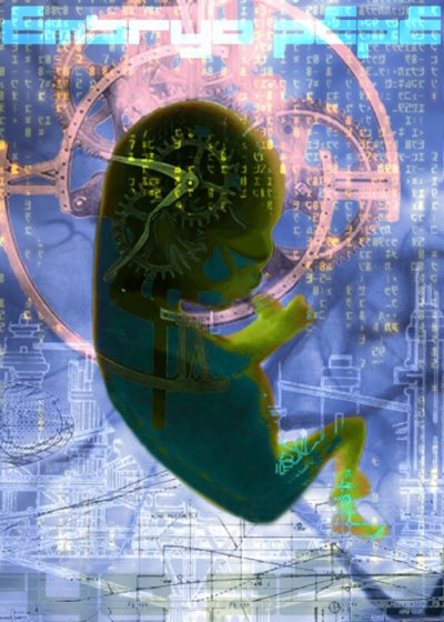 An artistic digital image of a fetus silhouette overlaid with complex Japanese katakana characters, clockwork gears, and blue mechanical/architectural schematics.