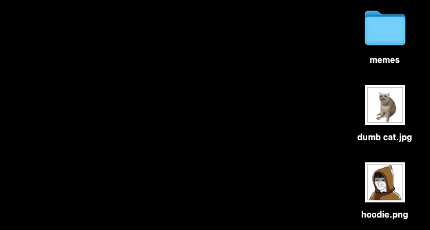 A dark-themed file explorer or image gallery interface showing a folder named 'memes' along with image files 'dumb cat.jpg' and 'hoodie.png'.