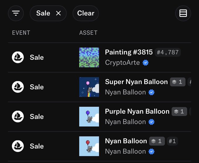 A mobile app screenshot displays a list of NFT sale events including 'Painting #3815' by CryptoArte, 'Super Nyan Balloon,' 'Purple Nyan Balloon,' and 'Nyan Balloon #1' from the Nyan Balloon collection.