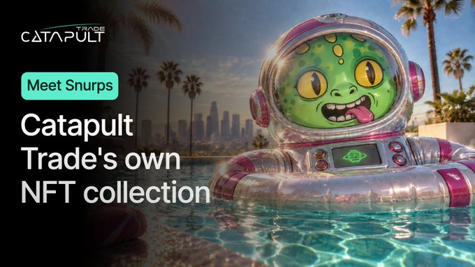 A promotional graphic featuring a green cartoon alien astronaut in a pool reads "Meet Snurps" and promotes "Catapult Trade's own NFT collection" with the Catapult Trade logo.