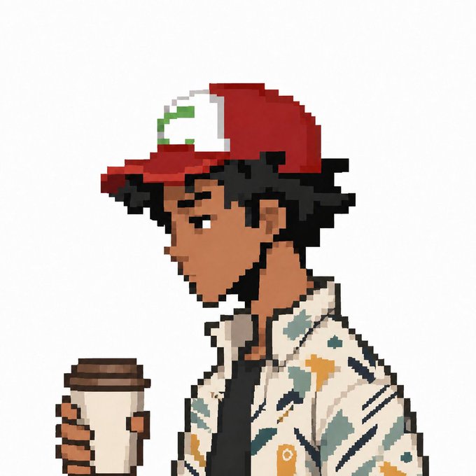 A pixel art portrait of a young person with dark curly hair wearing a red and white cap and a patterned shirt, holding a coffee cup.
