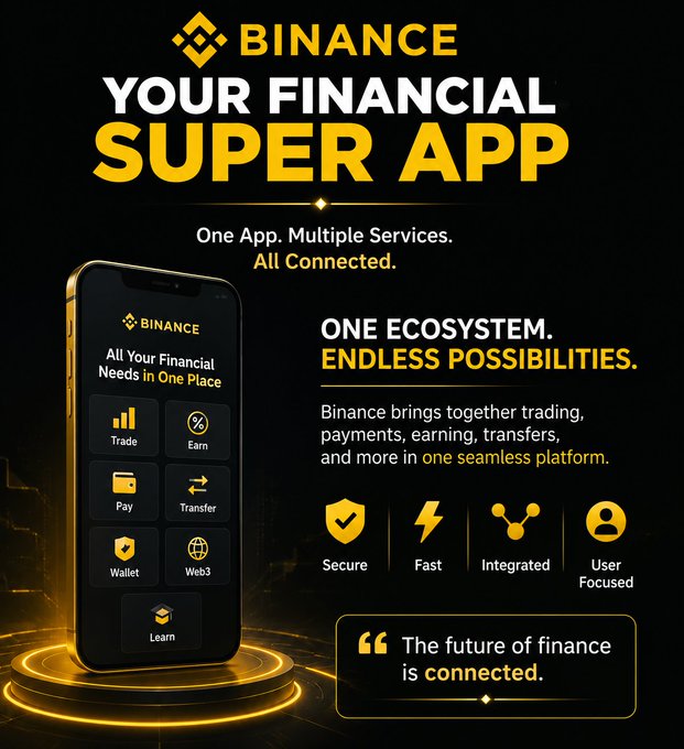 A promotional advertisement for Binance, labeling it 'Your Financial Super App' with the tagline 'One App. Multiple Services. All Connected.'