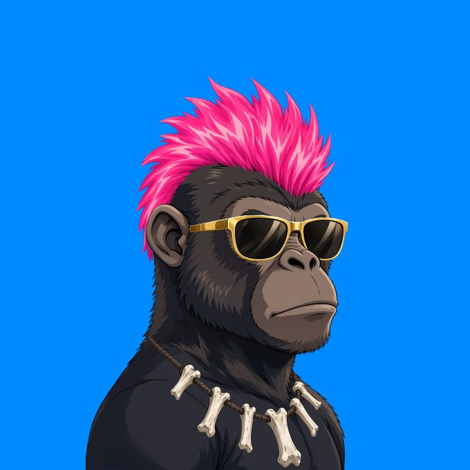 A digital illustration of a gorilla wearing a pink mohawk, gold-framed sunglasses, and a bone necklace against a solid blue background.