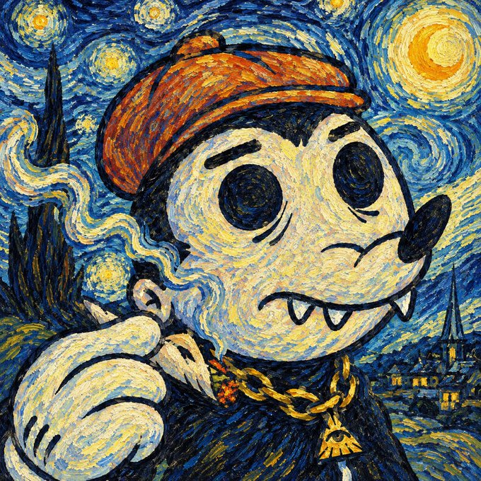 An artwork parodying Van Gogh's 'Starry Night' style, featuring a cartoon panda wearing an orange beret, smoking a cigarette, and wearing a gold chain with an Eye of Providence pendant.