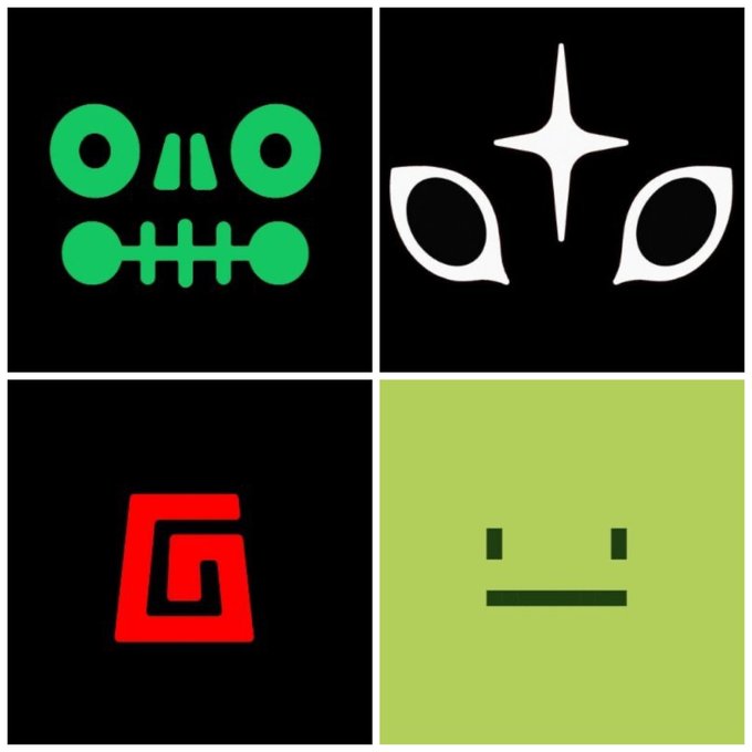 A four-panel black-background image with neon green and red designs, including stylized owl-like faces, a spiral symbol, and a simple smiley face.