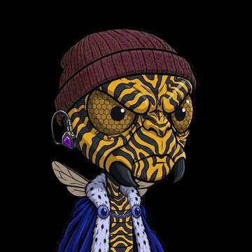 A stylized digital illustration of a bee-like character with tiger-striped yellow and black patterns, wearing a maroon beanie and a blue cape against a black background.