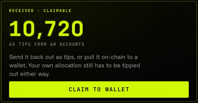 A neon green and black interface showing "RECEIVED · CLAIMABLE 10,720" from 65 tips from 60 accounts, with a "CLAIM TO WALLET" button.