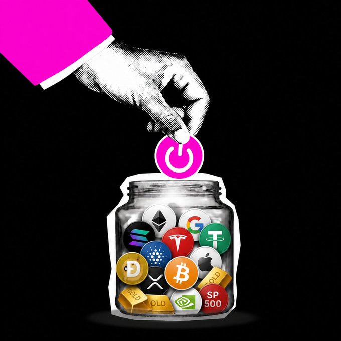 The image features a hand lowering a pink power symbol into a jar filled with various crypto and investment tokens—including Bitcoin, Ethereum, XRP, Tether, Solana, Cardano, Apple, Dogecoin, XRP, NVIDIA, and gold bars—symbolizing the act of "turning on" diverse wealth-building opportunities. This visually reinforces the post's message that diversification begins with a single decisive action, turning on access to coins, stocks, and crypto markets.
