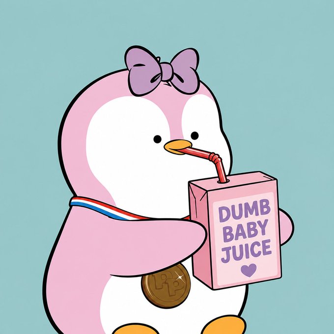Illustration of a pink penguin mascot with a purple bow, holding a juice box labeled 'DUMB BABY JUICE' and wearing a medal with the Pudgy Penguins 'PP' logo.