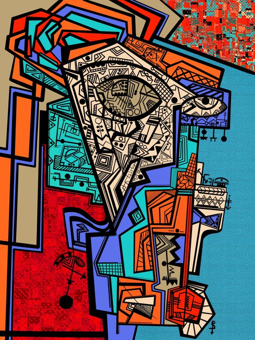 A colorful abstract painting featuring geometric shapes, patterns, and stylized figures in orange, blue, red, and teal.
