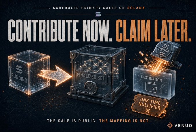 A promotional graphic for 'VENUO' advertising scheduled primary sales on Solana with the headline 'CONTRIBUTE NOW. CLAIM LATER.' and visuals depicting funding boxes flowing into a finalized set with ZK proof and nullifier elements.