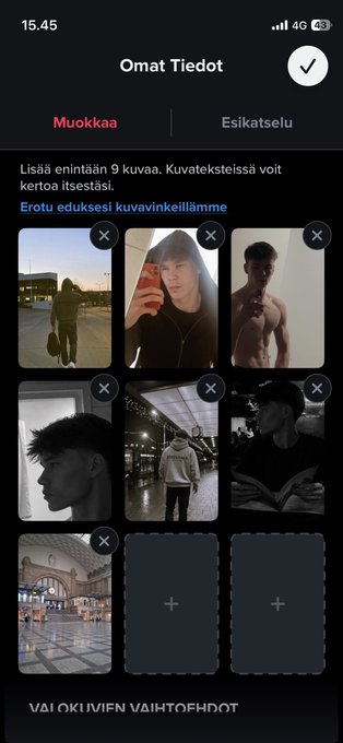 The image shows a phone screen with several photos displayed on it. One of the photos features a man wearing a hoodie, while another photo has a person holding a book. The background of the images includes a train station and an airport. The text in the image reads "Omat Tiedot", which is likely a name or brand for the phone being used to display these photos.