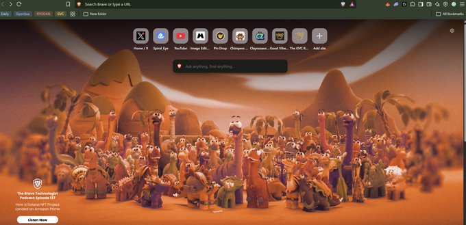 A browser homepage filled with a large group of 3D animated penguins, featuring a search bar 'Ask anything, find anything' and tabs like 'Home / X', 'Spiral type', and 'YouTube'.