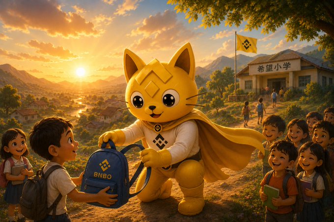 An illustration of a large yellow cat-like superhero mascot with a cape handing a BNBO branded backpack to children in front of a school labeled '希望小学' (Hope Elementary).