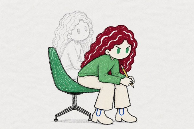 An illustration of a girl with long red hair sitting on a green chair, holding a pencil with an angry expression, while a faint ghost-like outline of herself sits in the chair.