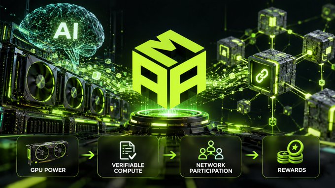 A graphic illustration highlighting GPU-based cryptocurrency or AI mining, showing the GPU Power → Verifiable Compute → Network Participation → Rewards workflow with an AI brain and blockchain elements.