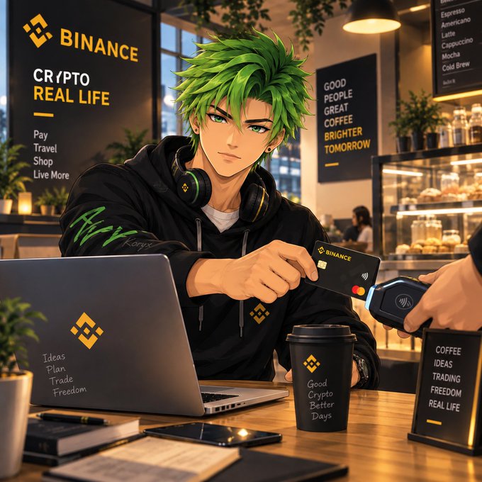 An anime-style illustration of a green-haired young man in a black hoodie paying with a Binance card at a coffee shop, with a laptop displaying the Binance logo and signs reading 'CRYPTO REAL LIFE', 'GOOD PEOPLE GREAT COFFEE BRIGHTER TOMORROW', and 'COFFEE IDEAS TRADING FREEDOM REAL LIFE'.