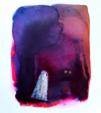 A watercolor painting with dark purple, pink, and red hues depicting a figure in a white garment against an abstract, moody background.