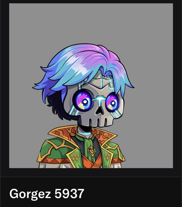 An anime-style illustration of a skeleton character with blue and purple hair, large purple eyes, and an orange and green outfit, labeled "Gorgez 5937" at the bottom.