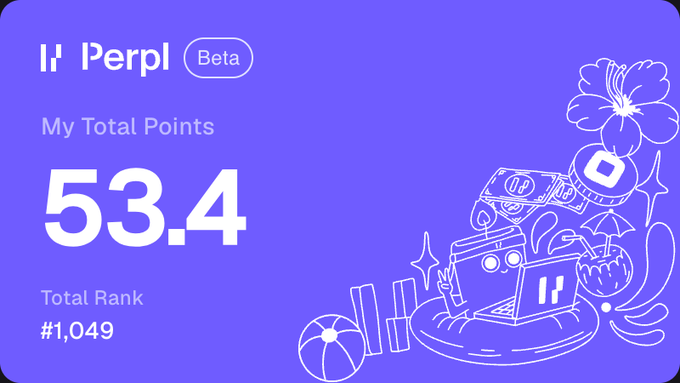 A purple-themed Perpl Beta dashboard displaying 'My Total Points' of 53.4 with a 'Total Rank' of #1,049, decorated with white line-art illustrations of various objects.