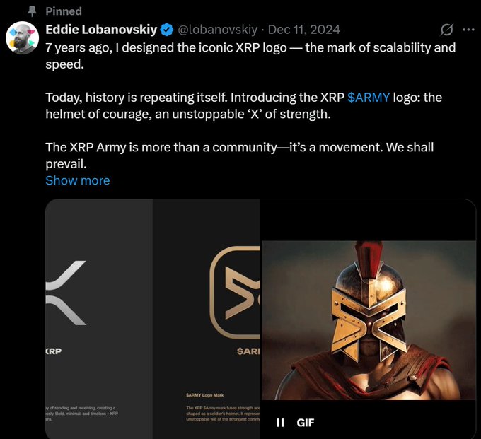 A screenshot of a Facebook post with a picture of a knight wearing armor along with text that reads, "Today, history is repeating itself, introducing the XP Army logo: The helmet of courage."