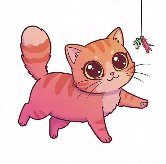 A cartoon illustration of an orange and pink tabby cat with big eyes playing with a feather toy dangling from a string.