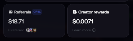 A dark-themed dashboard showing $18.71 earned from 8 referrals (a 25% referral rate) alongside $0.0071 in creator rewards, illustrating the modest Day 1 earnings from @elliotlfg's referral campaign on fomo.family.