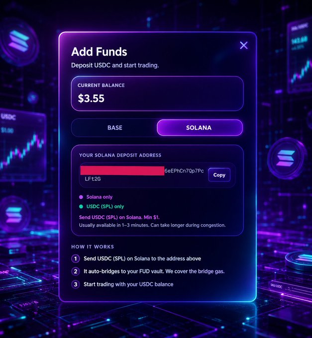 A futuristic neon purple and blue 'Add Funds' interface for depositing USDC, showing a current balance of $3.55, options to select between BASE and SOLANA networks, and a Solana deposit address starting with 'LFt2G6EPHcn7Qp7Fc'.