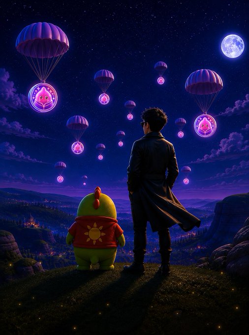 A digital artwork showing a man in a long dark coat and a small green character in a sun-emblazoned red shirt standing on a cliff at night, watching parachutes with glowing pink crystal tokens descend from the sky under a full moon.