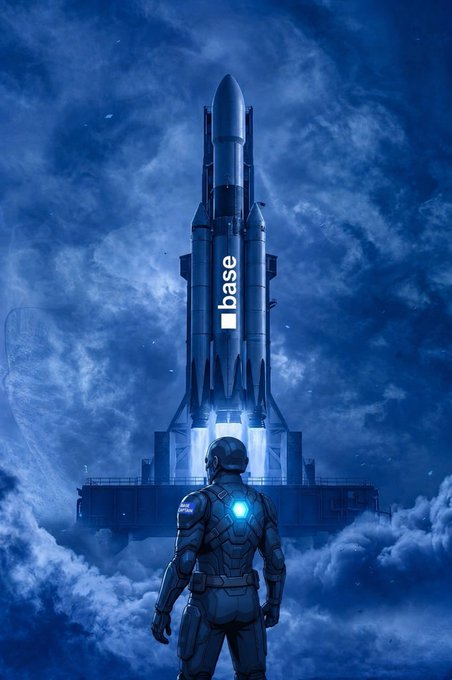 A digital illustration of an astronaut or soldier in tactical gear with a 'base' patch, looking up at a large rocket emblazoned with the 'base' logo launching into a cloudy blue sky.