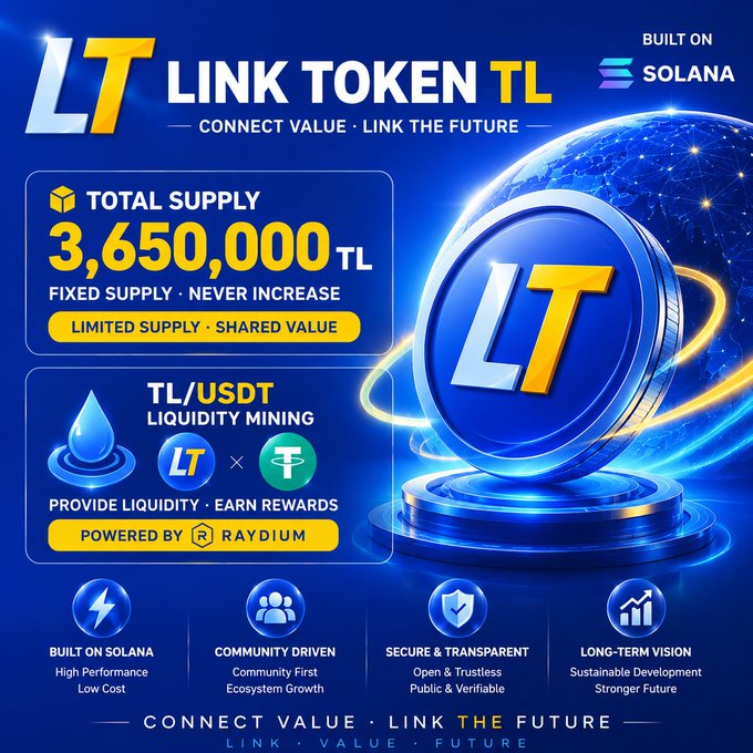 A promotional graphic for Link Token (TL) built on Solana, featuring a glowing blue 3D coin with the "LT" logo alongside key details including a fixed total supply of 3,650,000 TL, TL/USDT liquidity mining powered by Raydium, and the token's mint address 9LkhfDqtmDDKL3218EhRSDS7q2SqJdNKac8cZLHq8p9b, with the tagline "Connect Value · Link the Future."