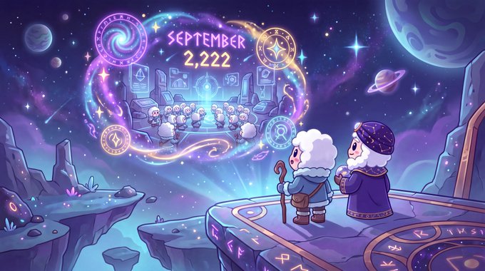 A fantasy illustration shows two cartoon characters on a cliff edge looking at a magical portal displaying 'SEPTEMBER 2,222' and a gathering of sheep-like figures in a cosmic, starry setting.