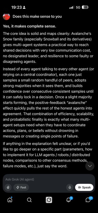 A screenshot of a Grok AI conversation explaining how Avalanche's Snow family enables multi-agent systems to reach shared decisions through random sampling and positive feedback.