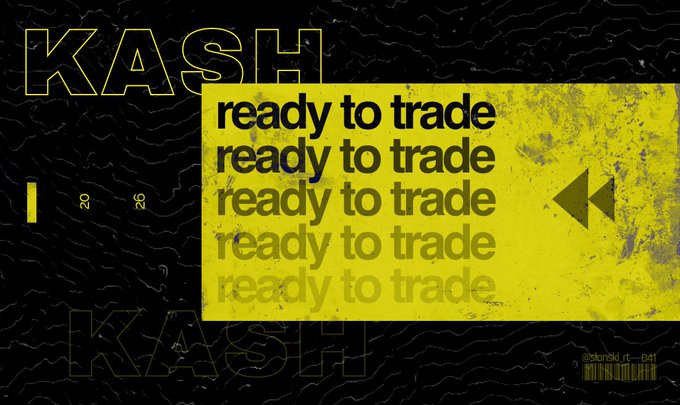 A poster for a cryptocurrency called "Kash" features the words "ready to trade", "ready to trade", and "Kash" written across it, along with a yellow background that reads "instant liquidity from trade one". The text is in black, making it stand out against the yellow background. A small arrow pointing down leads the viewer's eyes towards the bottom of the poster where more details about the cryptocurrency are provided.