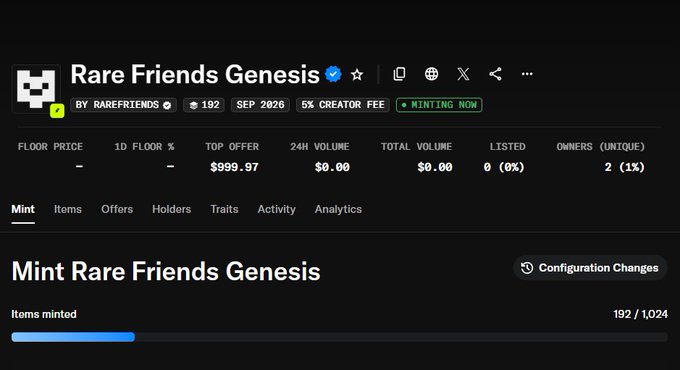 NFT marketplace page for 'Rare Friends Genesis' collection by RAREFRIENDS, showing 192/1,024 items minted, with a top offer of $999.97.
