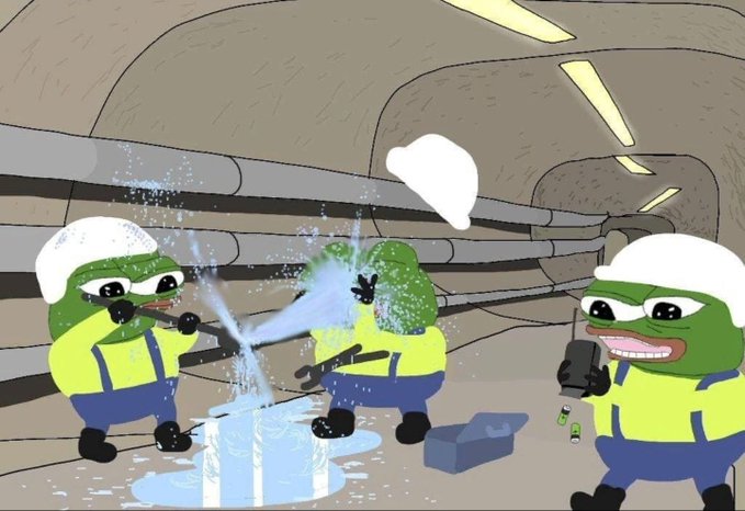 A cartoon illustration of Pepe the Frog characters dressed as workers in hard hats and safety vests inside a tunnel, with one spraying water on another while a third films the scene on a smartphone.