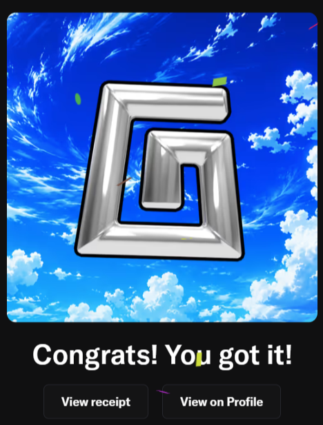 A congratulatory digital card displaying a chrome 3D logo against a blue sky, with the text 'Congrats! You got it!' and buttons to 'View receipt' and 'View on Profile'.